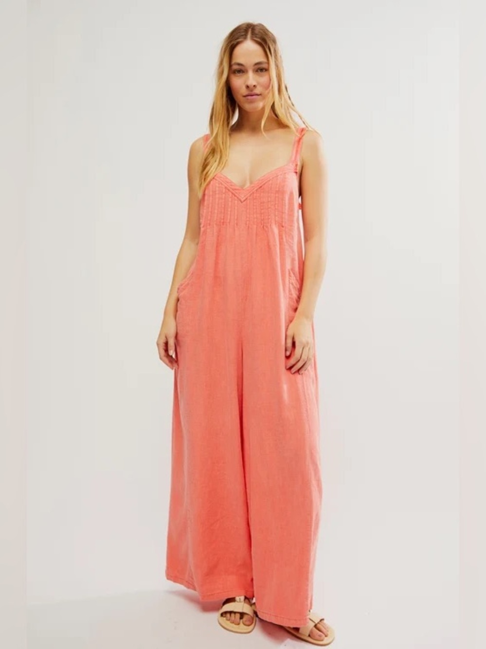 FREE PEOPLE Linen blend drifting dreams one piece jumpsuit coral women’s large